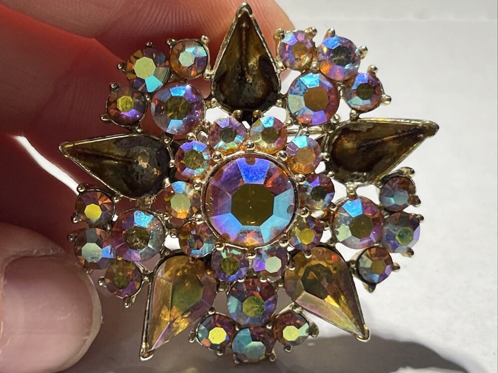 AB Rhinestone Gold Tone Brooch Pin Vintage